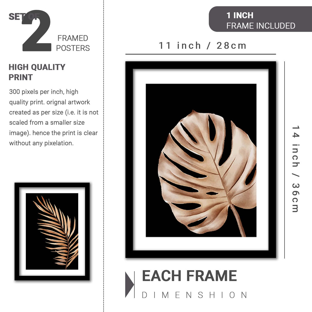 Golden Leaf Wall Decor Paintings for Home Office Living Room - Modern Art Nature Wall Paintings with Frame - Framed Wall Art Paintings Set of 2 (Art 1, 10x13 inch)