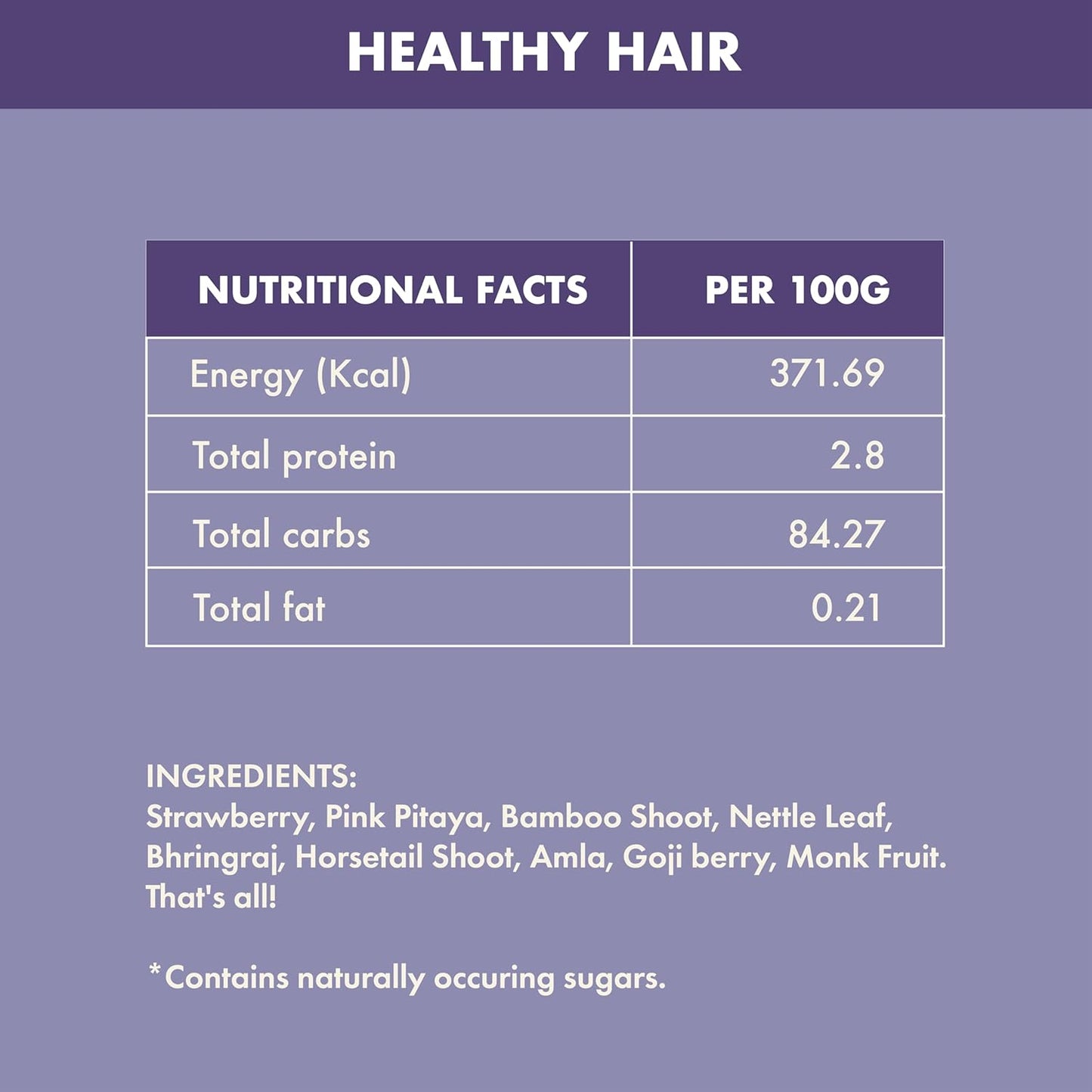 Nutritional facts and ingredients list for a product声称促进健康头发，背景为紫色。