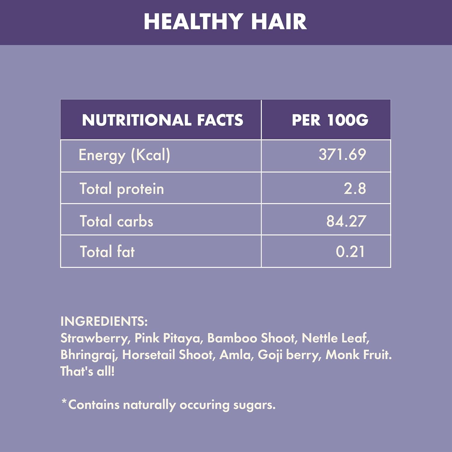 Nutritional facts and ingredients list for a product声称促进健康头发，背景为紫色。