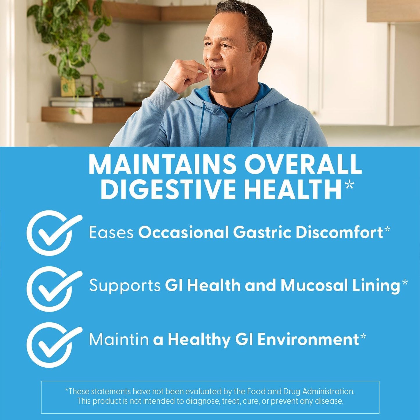 Man in a kitchen with text about maintaining digestive health on a blue background
