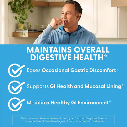 Man in a kitchen with text about maintaining digestive health on a blue background