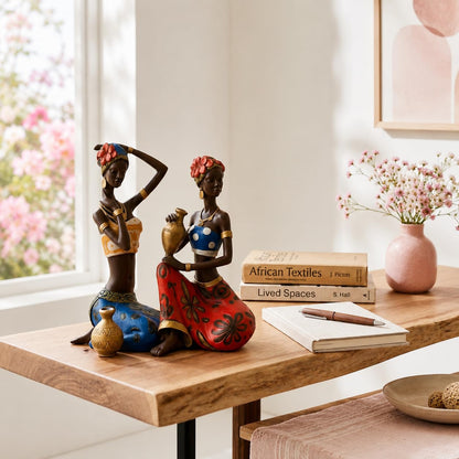 African Lady Statue with Pot| Graceful and Cultural Home Décor (Pack of 2, Red, Blue)