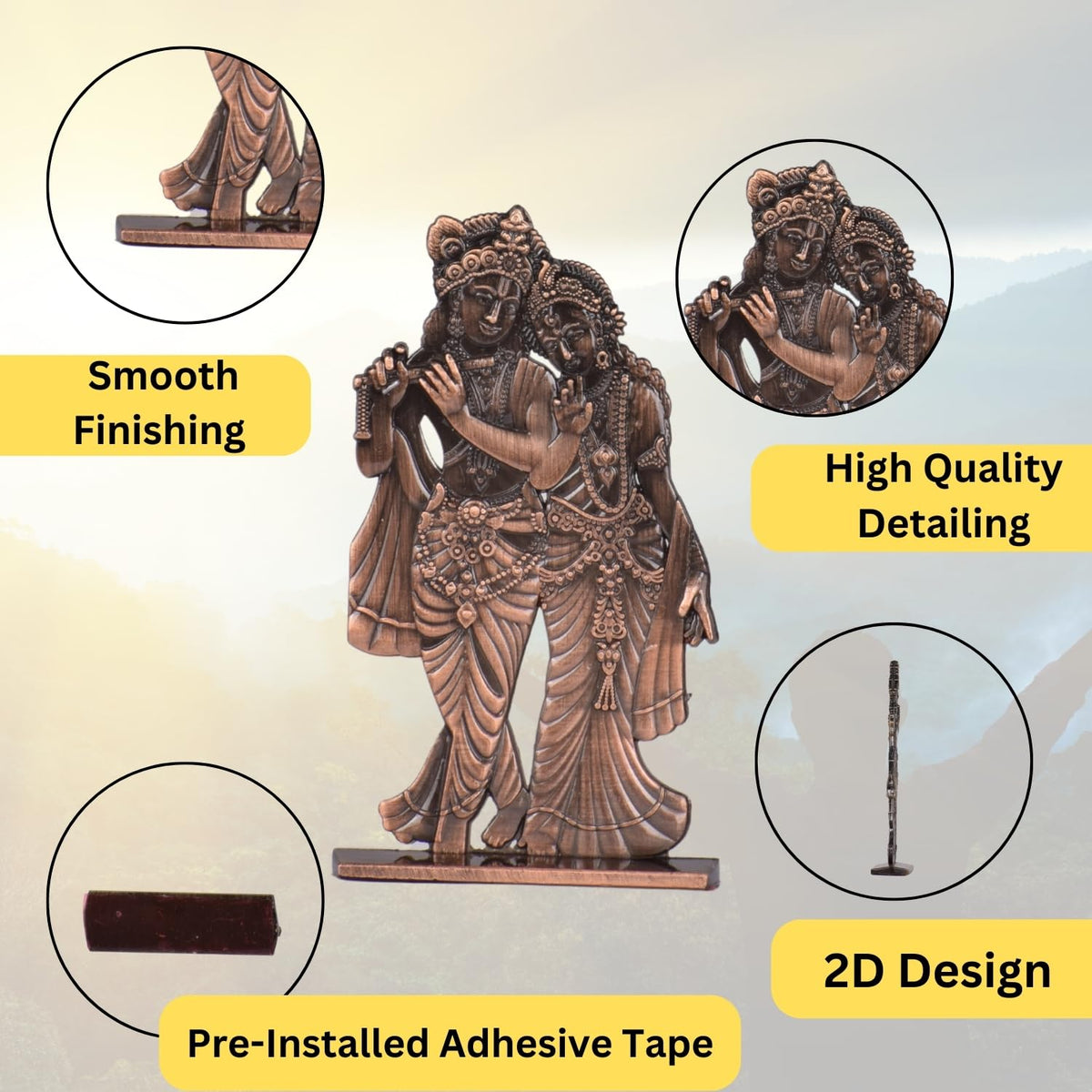 Big Radha Krishna Murli Idol for Car Dashboard – Copper Finish Krishna Radha Ji Statue Spiritual Decor for Home, Car & Office (S1007-CPR)