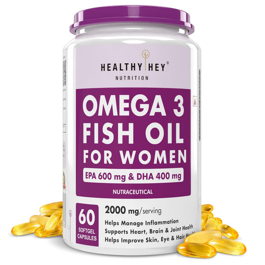 Omega 3 Fish Oil supplement container for women with purple and white label on a white background