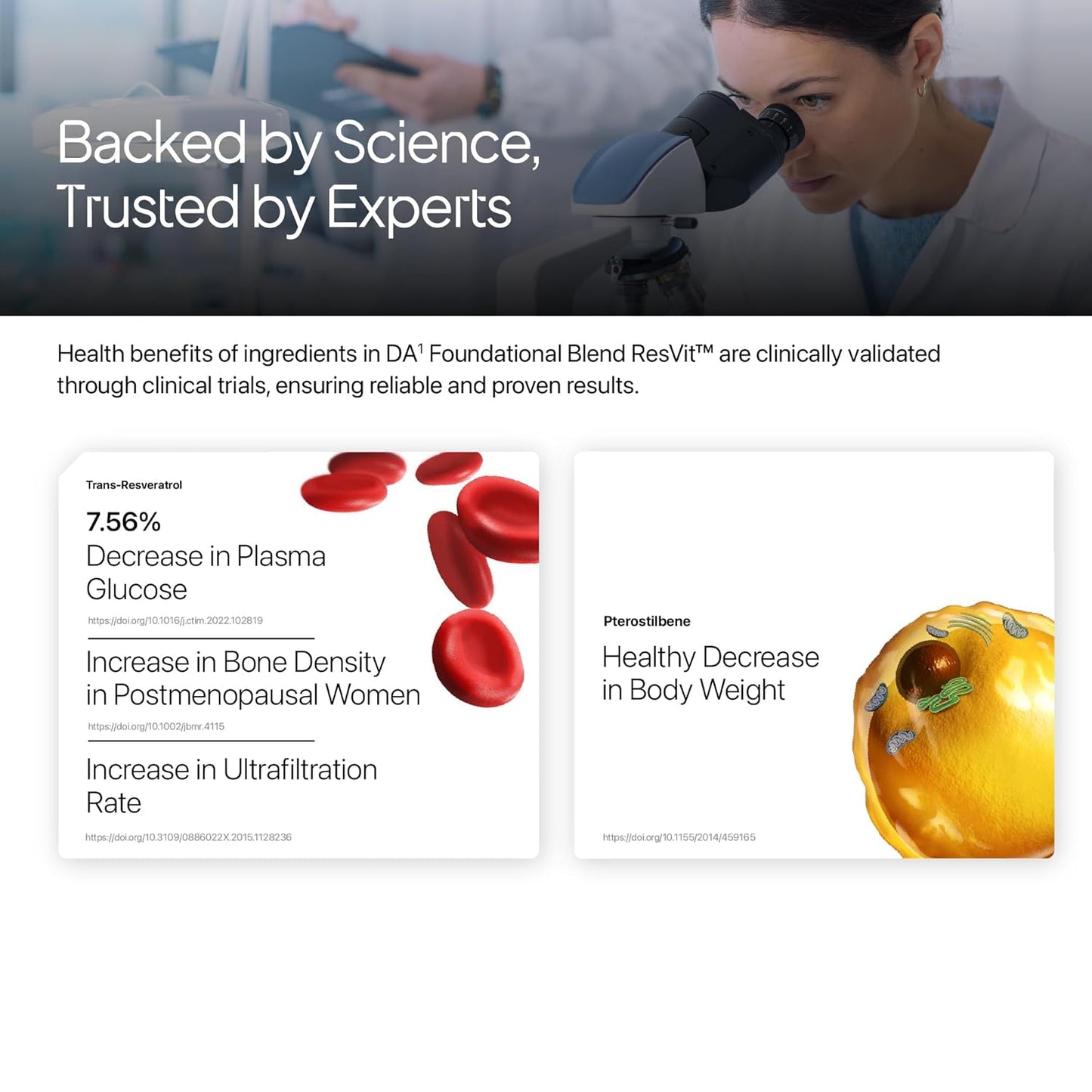 Advertisement for a product with clinical benefits, featuring a scientist and text about health benefits.
