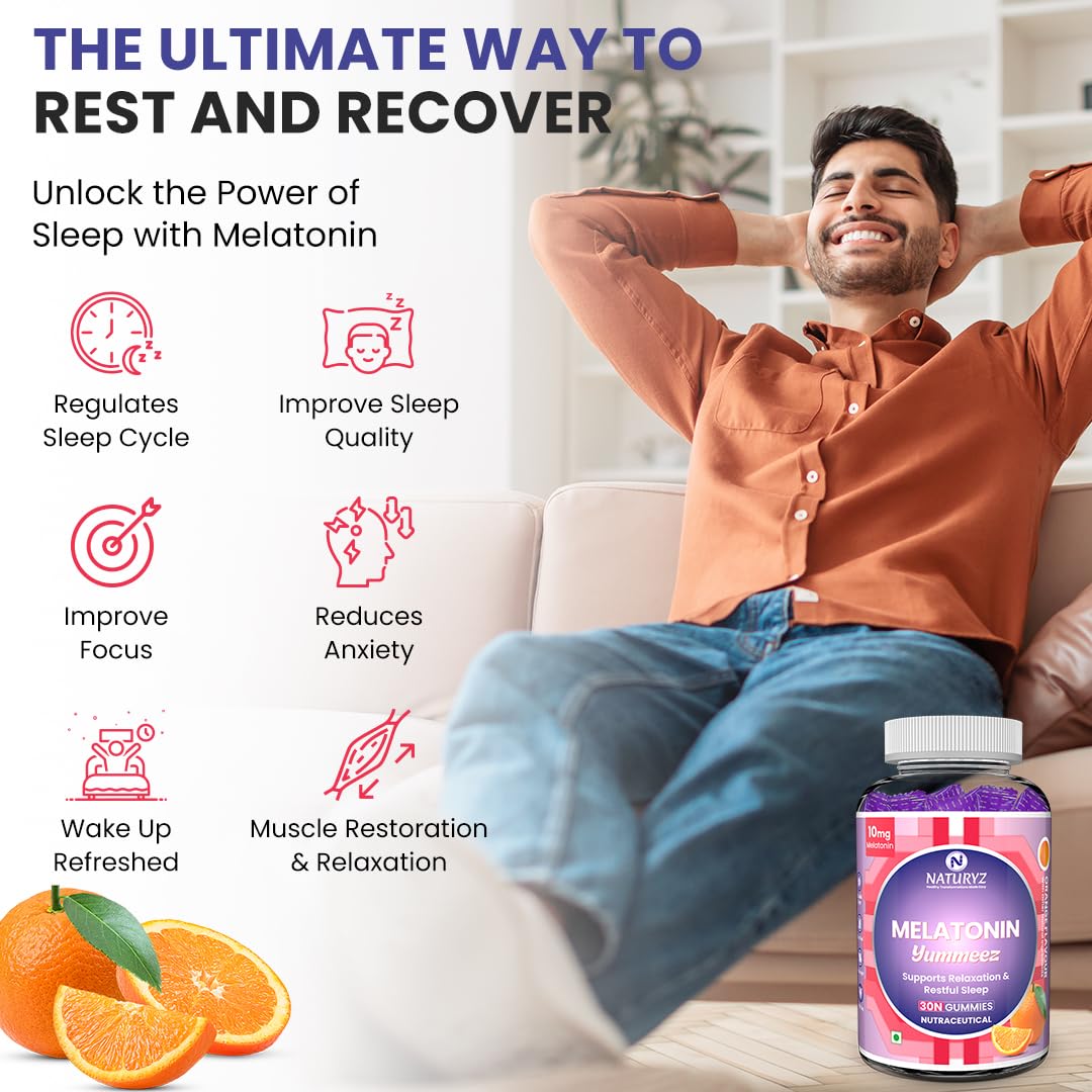 Man relaxing on a couch with text and graphics about melatonin benefits and a bottle of melatonin supplements.