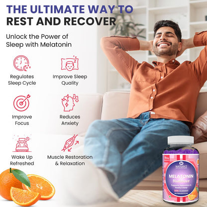 Man relaxing on a couch with text and graphics about melatonin benefits and a bottle of melatonin supplements.