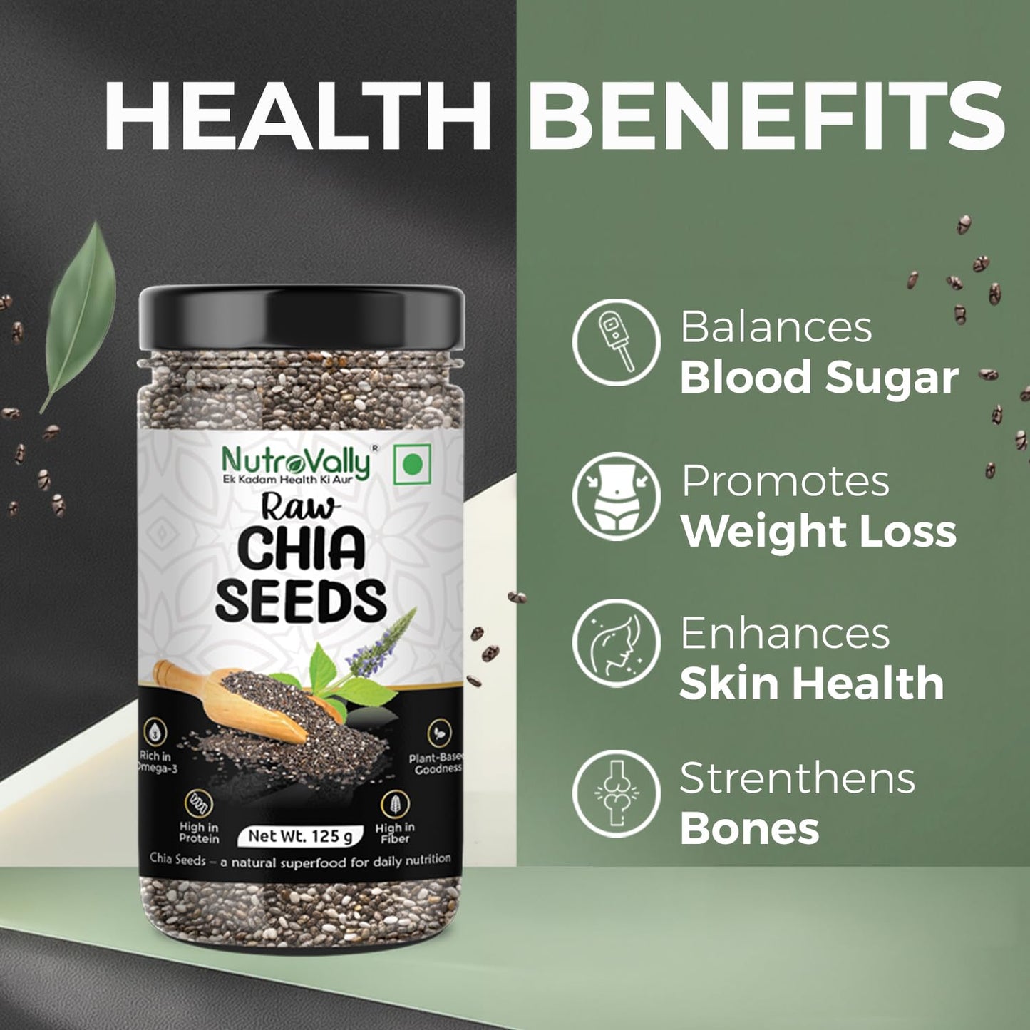Nutrovally Chia Seeds 125g |Weight Loss & Skin Glow| Chai seeds for weight loss|High Fiber & Omega-3|Gluten-Free |chia seeds| Rich in Calcium, Protein & Fibre | Healthy Snacks |Seeds for eating