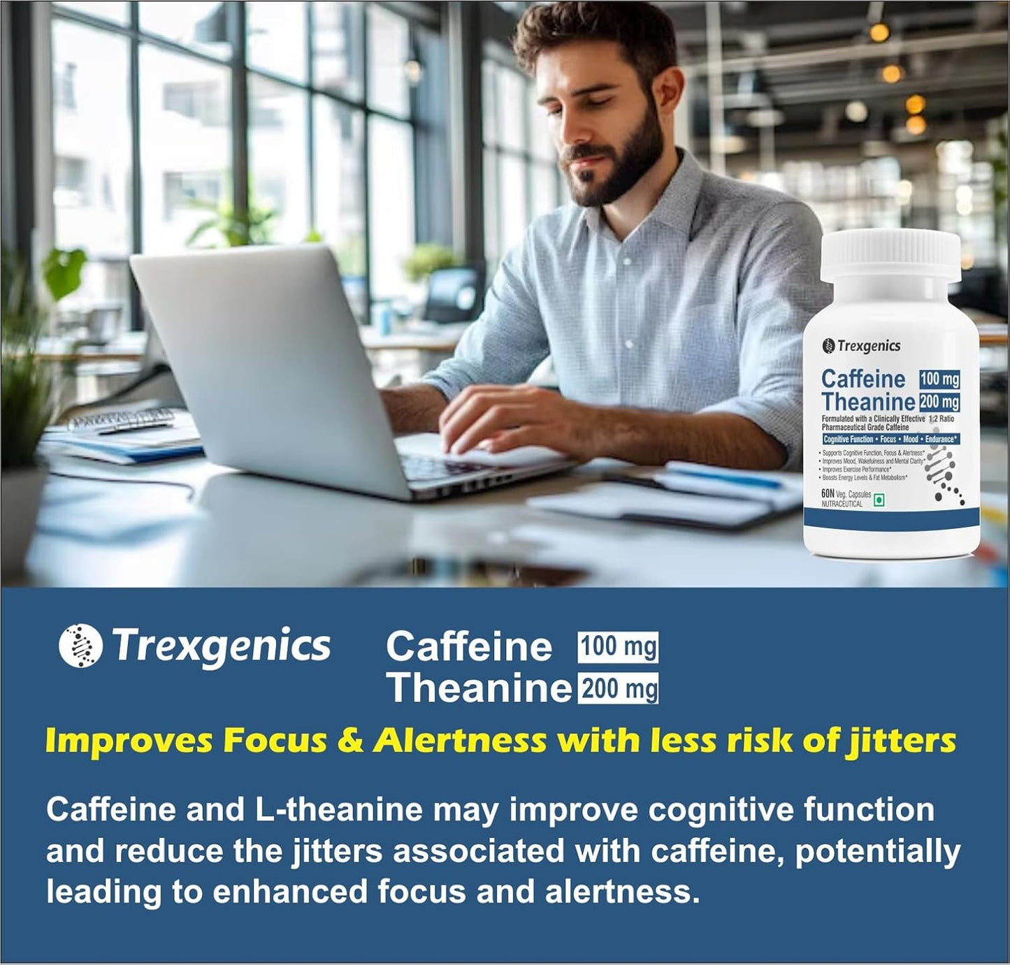 Trexgenics L-THEANINE 200 mg, CAFFEINE 100 mg Cognitive Function, Refresh, Focus, Mood, Endurance Support (Theanine 200mg + Caffeine 100mg (60 Veg Caps))