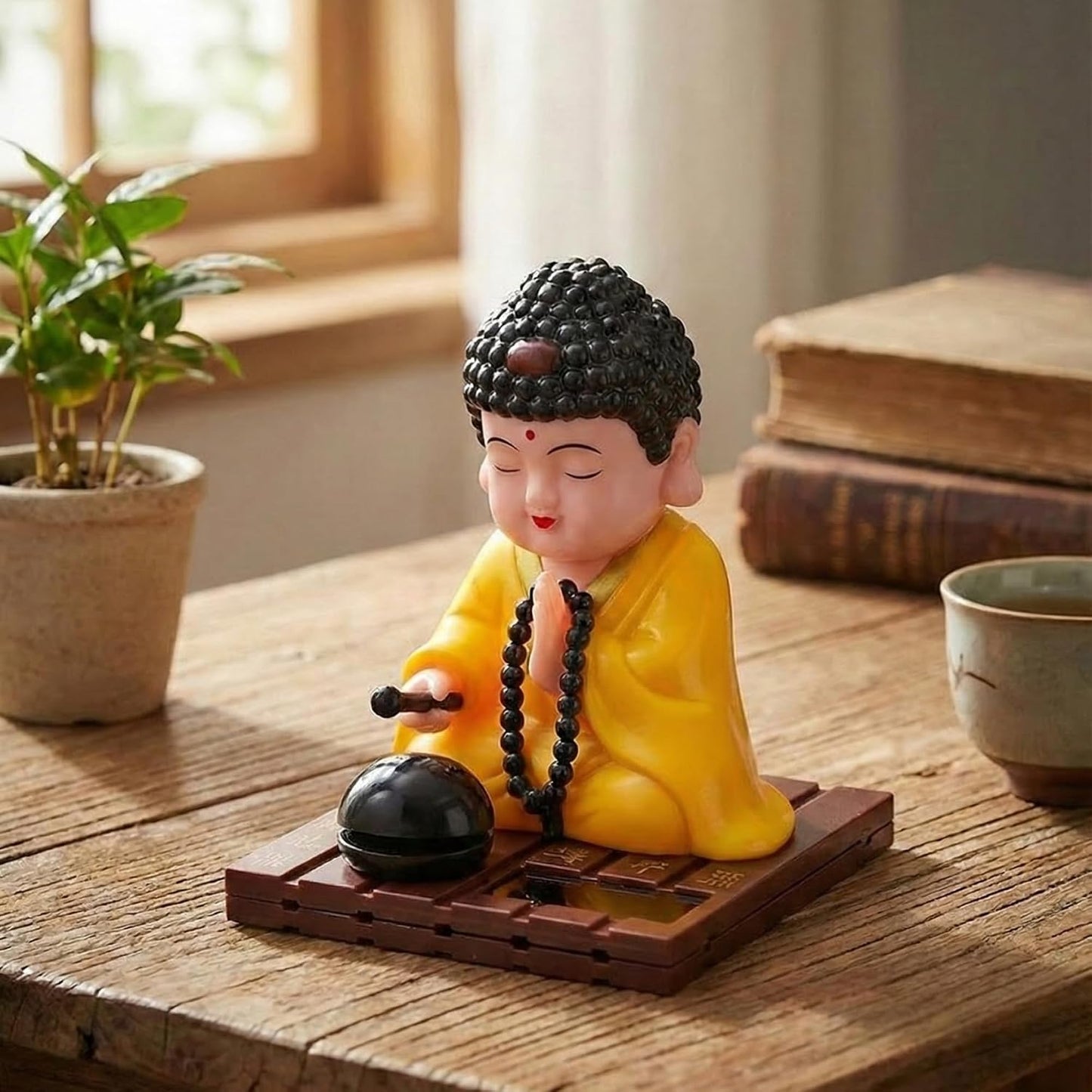 eCraftIndia Moving Head Monk Buddha Idol Showpiece for Home Decor Car Dashboard Office | Feng Shui Spiritual Meditation Buddha Statue Figurine for Good Luck Gift for Housewarming (Plastic, Yellow)