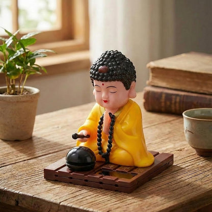 eCraftIndia Moving Head Monk Buddha Idol Showpiece for Home Decor Car Dashboard Office | Feng Shui Spiritual Meditation Buddha Statue Figurine for Good Luck Gift for Housewarming (Plastic, Yellow)