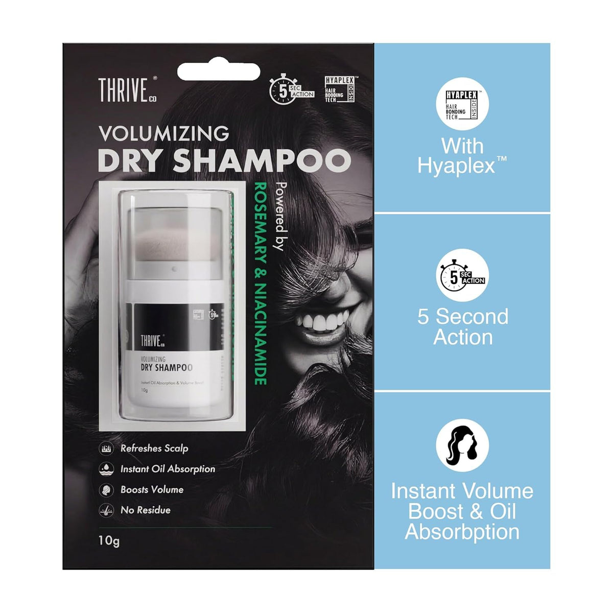 Packaging of Thrive volumizing dry shampoo with product image and features listed.