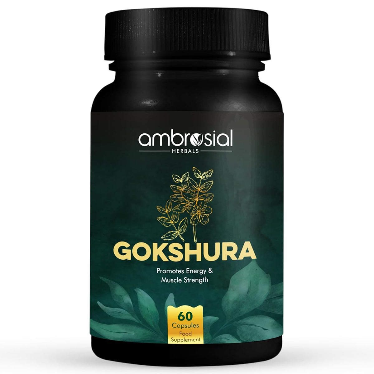 Black bottle of Ambrosial Herbals Gokshura supplement with green leaves and plant design on a white background