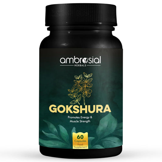 Black bottle of Ambrosial Herbals Gokshura supplement with green leaves and plant design on a white background