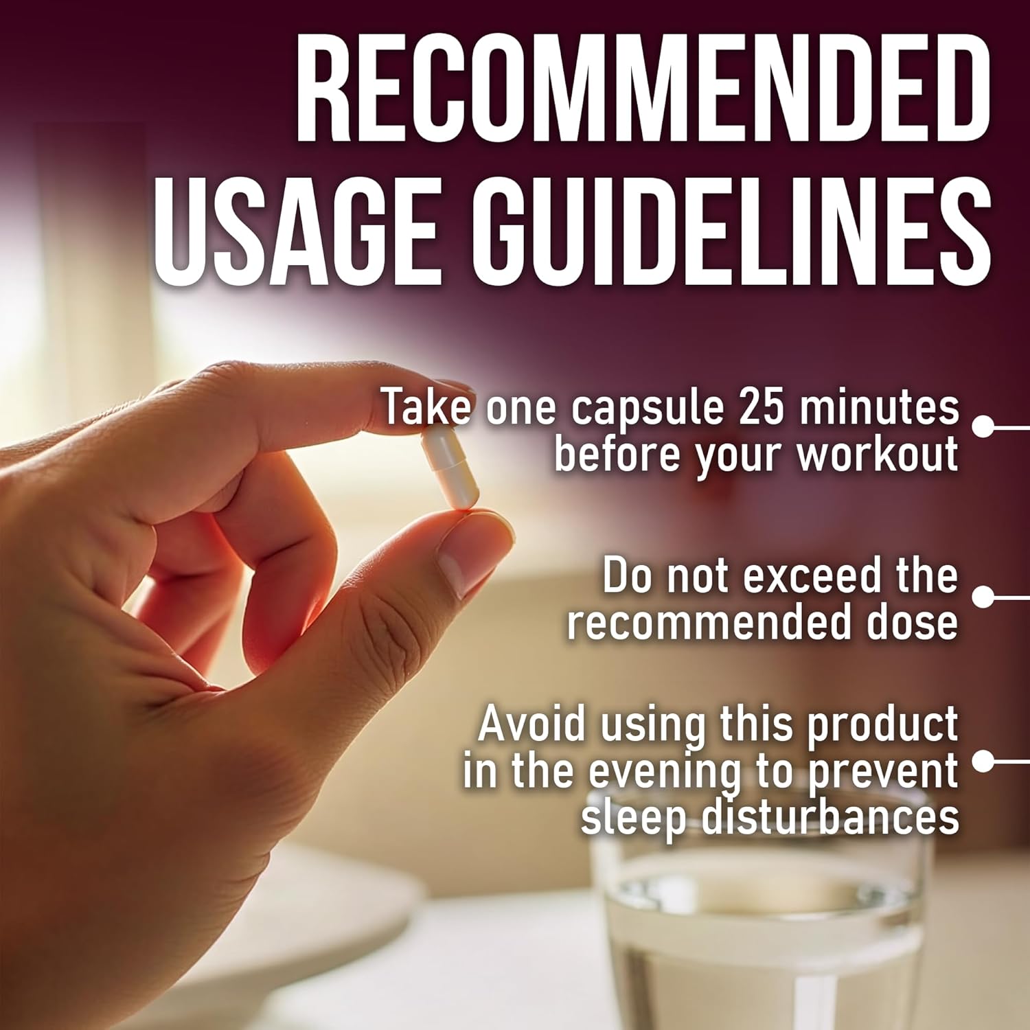 Hand holding a capsule with recommended usage guidelines text overlay