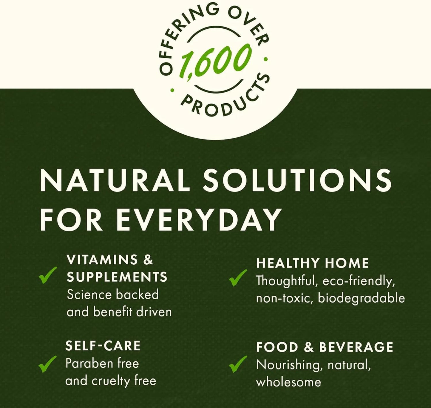 Promotional graphic for a brand offering natural solutions with text on a green background.