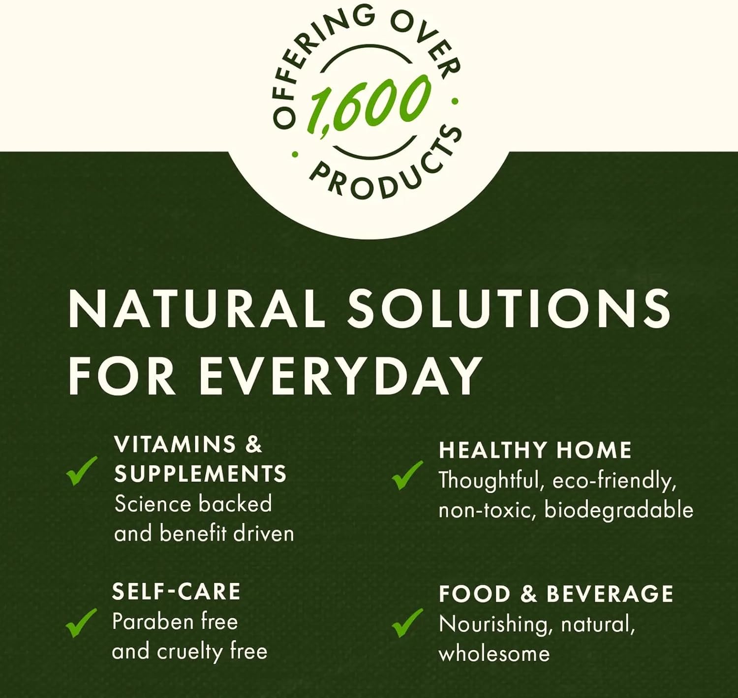 Promotional graphic for a brand offering natural solutions with text on a green background.
