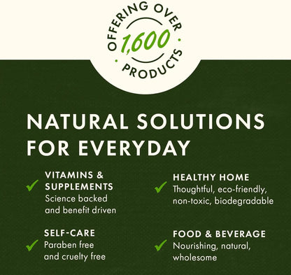 Promotional graphic for a brand offering natural solutions with text on a green background.