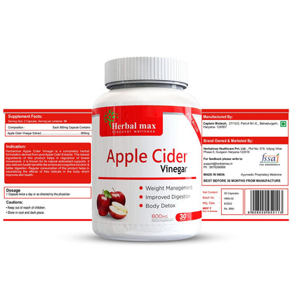 Herbal Max Organics Apple Cider Vinegar – 30 Veg Capsules (800mg) | With The Mother | Natural Detox, Digestion, Weight Management & Gut Health Support
