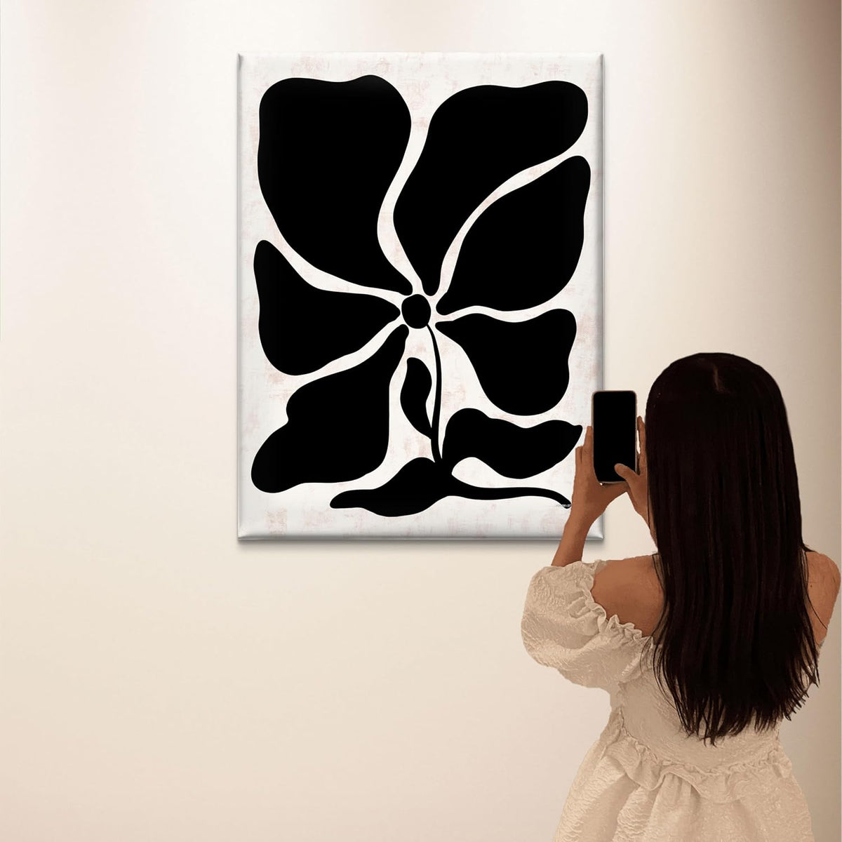 Black Abstract Floral Framed Canvas Wall Art – Bold Modern Flower Print on Beige Background | Minimalist Botanical Artwork for Living Room, Bedroom & Office (18 x 24 Inch) CVD-377