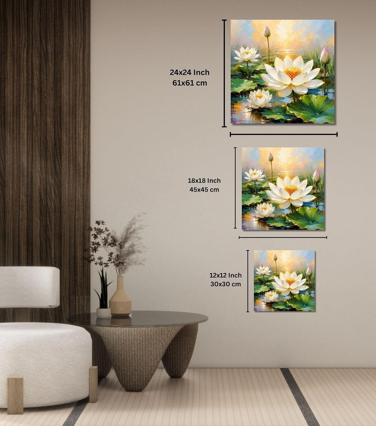 Lotus Flower Painting for Wall Vastu (15+ DESIGNS) Framed Lotus Canvas Painting for Living Room, Bedroom | Nature Floral Wall Art with Multiple Design Variations (White Lotus, 18x18 Inch, Framed)