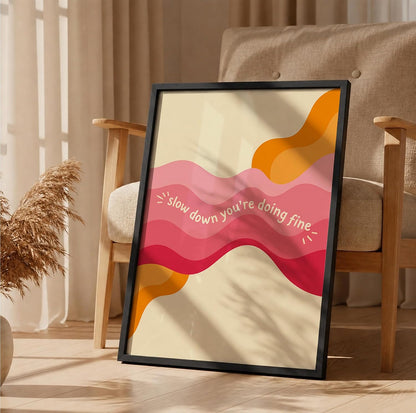 Motivational Wall Art Framed Painting, Slow Down You’re Doing Fine Quote Wall Decor, Modern Abstract Aesthetic Room Decor for Bedroom Living Room Office (DGN06-Black10x13 inch)
