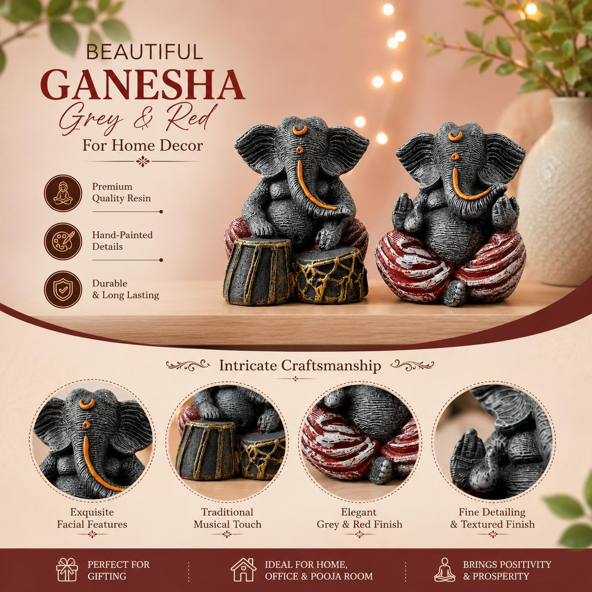 Beautiful Resin Ganesha Grey and Red for Home Decor (Pack of 2, Grey and Red)