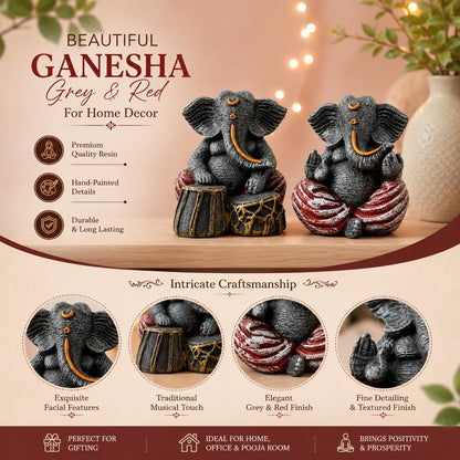 Beautiful Resin Ganesha Grey and Red for Home Decor (Pack of 2, Grey and Red)