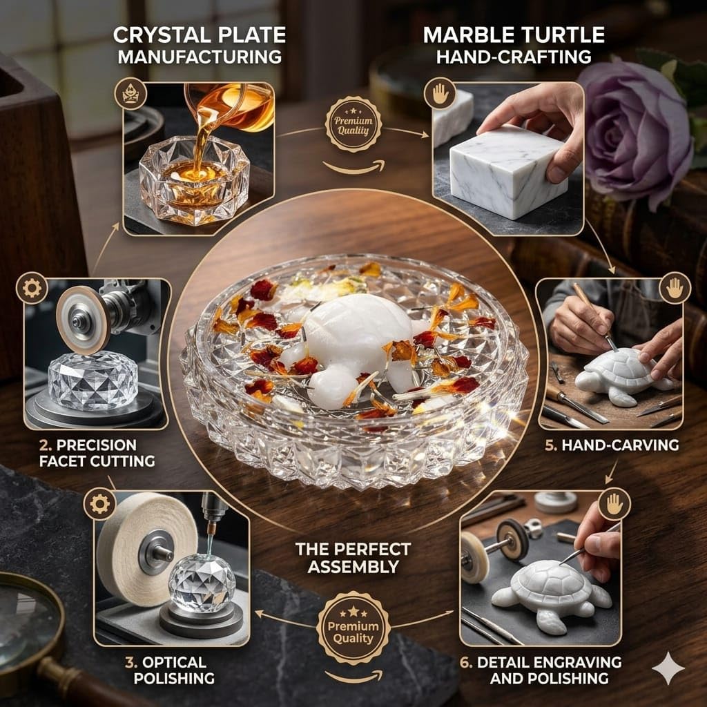 SAUDEEP INDIA Vastu Feng Shui White Marble Tortoise with Lead-Free Crystal Plate for Good Luck, Career Growth & Wealth – Decorative Turtle Figurine for Home, Office & Gifting (12cm Crystal Plate)