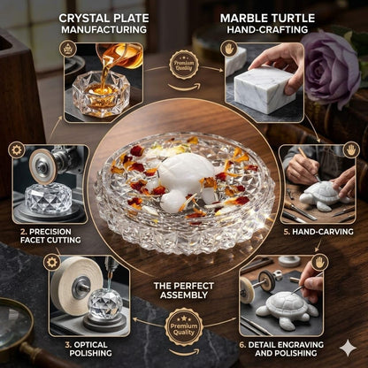 SAUDEEP INDIA Vastu Feng Shui White Marble Tortoise with Lead-Free Crystal Plate for Good Luck, Career Growth & Wealth – Decorative Turtle Figurine for Home, Office & Gifting (12cm Crystal Plate)