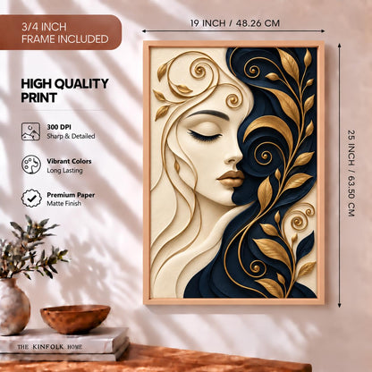 Framed Laminated Wall Art, Luxury Abstract Woman Portrait, 3D Effect Decorative Art Print for Living Room and Bedroom, Set of 1