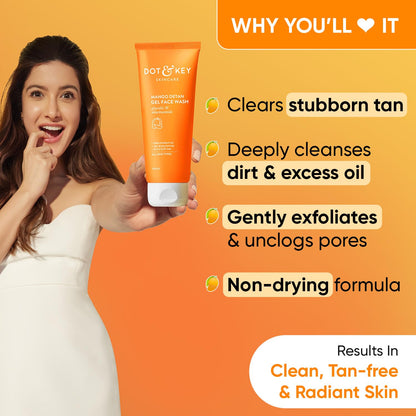 Zephivo Dot & Key Mango Detan Gel Face Wash | Gently Cleanses Skin From Dirt & Oil | Fades Stubborn Tan | For All Skin Types | 100ml

