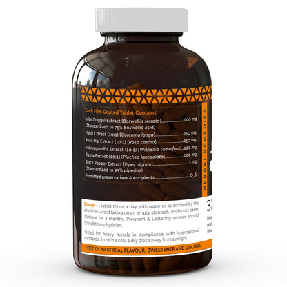 Bottle of herbal supplements with label on a white background