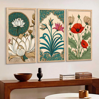 Indian Traditional Madhubani Art Home Decoration Wall Painting Art With Frame For Living Room Bed Room Hotel Wall Decor Digital Reprint Engineered Wood Set of 3 (1, 10x19 inch)