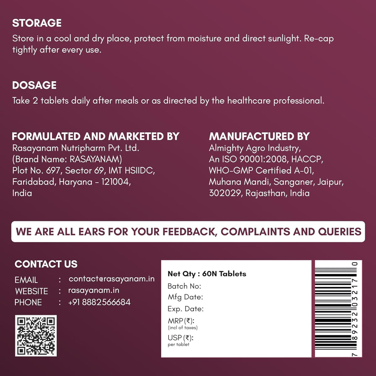 Back label of a pharmaceutical product with storage instructions, dosage information, and contact details on a purple background.