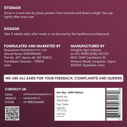 Back label of a pharmaceutical product with storage instructions, dosage information, and contact details on a purple background.