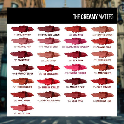 Maybelline New York Color Sensational Creamy Matte Lipstick lasts up to 12 Hours, Hydrate Lips, Creamy Lipstick with Shea Butter, Available in 42 different Shades - 673 Midtown Pink, 3.9g