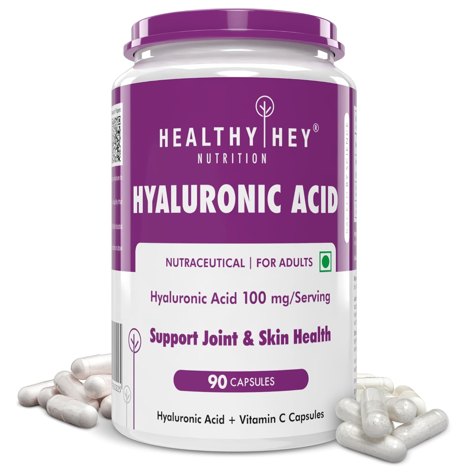 Container of Healthy Hey Nutrition Hyaluronic Acid supplement with purple and white design.