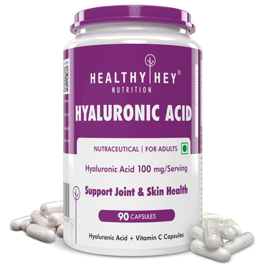 Container of Healthy Hey Nutrition Hyaluronic Acid supplement with purple and white design.