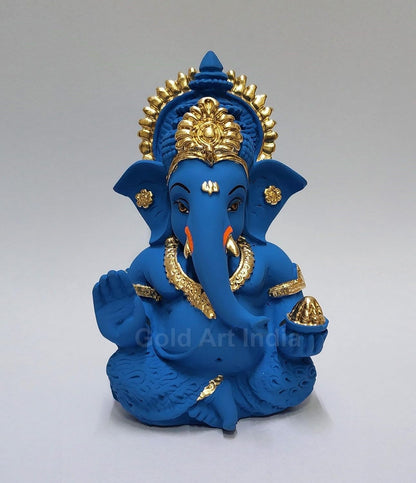 Gold Art India Blue Terracotta Ganesh Idol for Car Dashboard Small Ganesha Murti Ganpati Idol for Home Decor Puja Lord Ganesh Statue Gift for Office Desk Puja Room Figurine (3.5 Inches), Idol