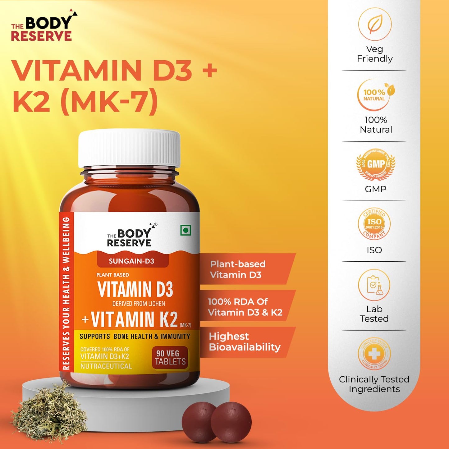 Vitamin D3 + K2 supplement bottle with branding and product details on an orange background