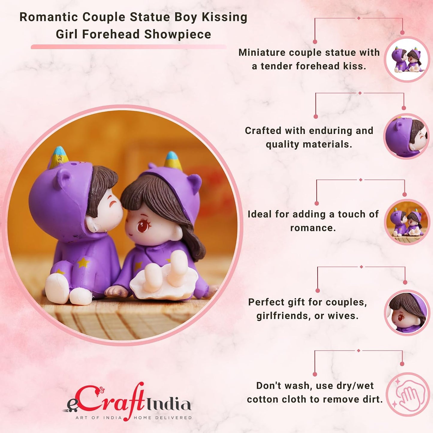 eCraftIndia Valentine Gift for Girlfriend Boyfriend Purple Miniature Romantic Couple Statue Boy Kissing Girl Forehead Showpiece Valentine Gift for Husband Wife Valentines Day Decoration Items
