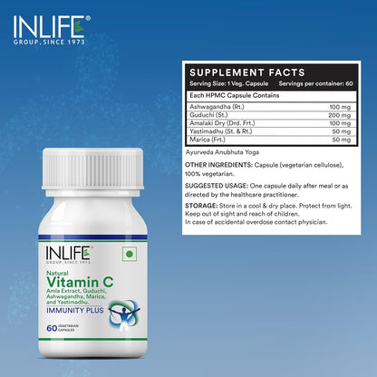INLIFE Immunity Plus Supplement Natural Vitamin C (Amla) Guduchi Ashwagandha Marica Licorice Ayurvedic Herbal Formula - 60 Vegetarian Capsules