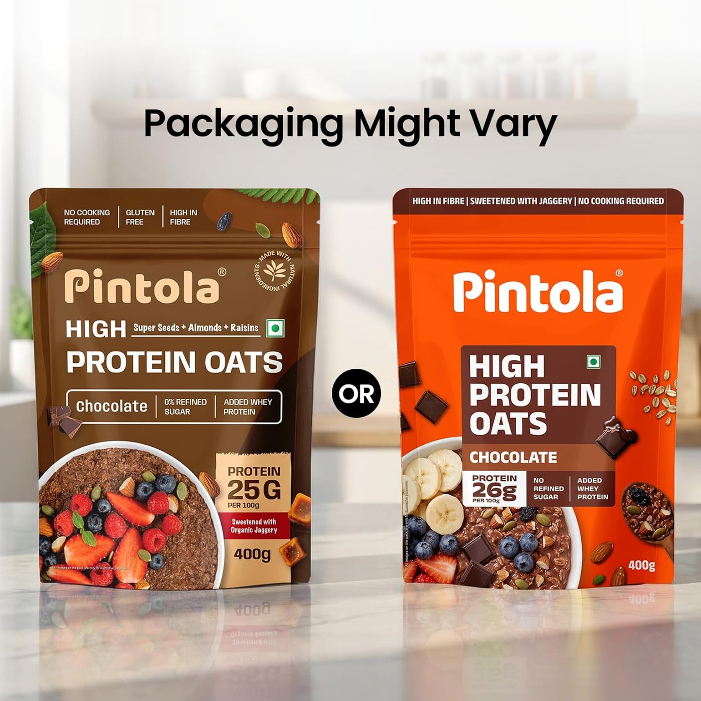 PINTOLA 26g High Protein Oats 400g, Dark Chocolate, No Refined Sugar, with Almonds, Raisins, Pumpkin & Chia Seeds, 9.6g Fibre, Rolled Oats for Weight Loss, Breakfast Cereals | Gluten Free