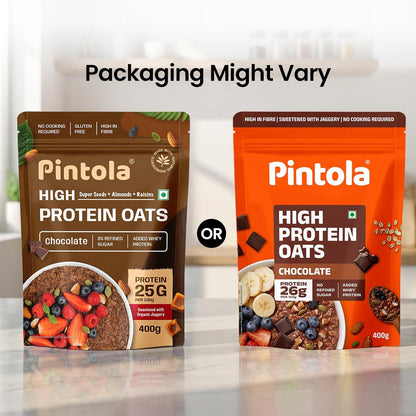 PINTOLA 26g High Protein Oats 400g, Dark Chocolate, No Refined Sugar, with Almonds, Raisins, Pumpkin & Chia Seeds, 9.6g Fibre, Rolled Oats for Weight Loss, Breakfast Cereals | Gluten Free