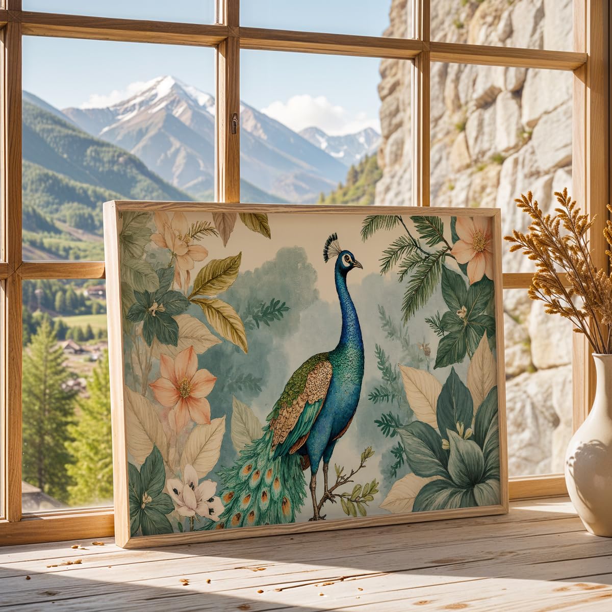 Peacock Wall Painting with Frame Set of 1 | Premium Botanical Bird Artwork, Floral Nature Inspired Decorative Wall Art for Living Room, Bedroom, Office and Home Decoration (3D Art-12,13x19inch)