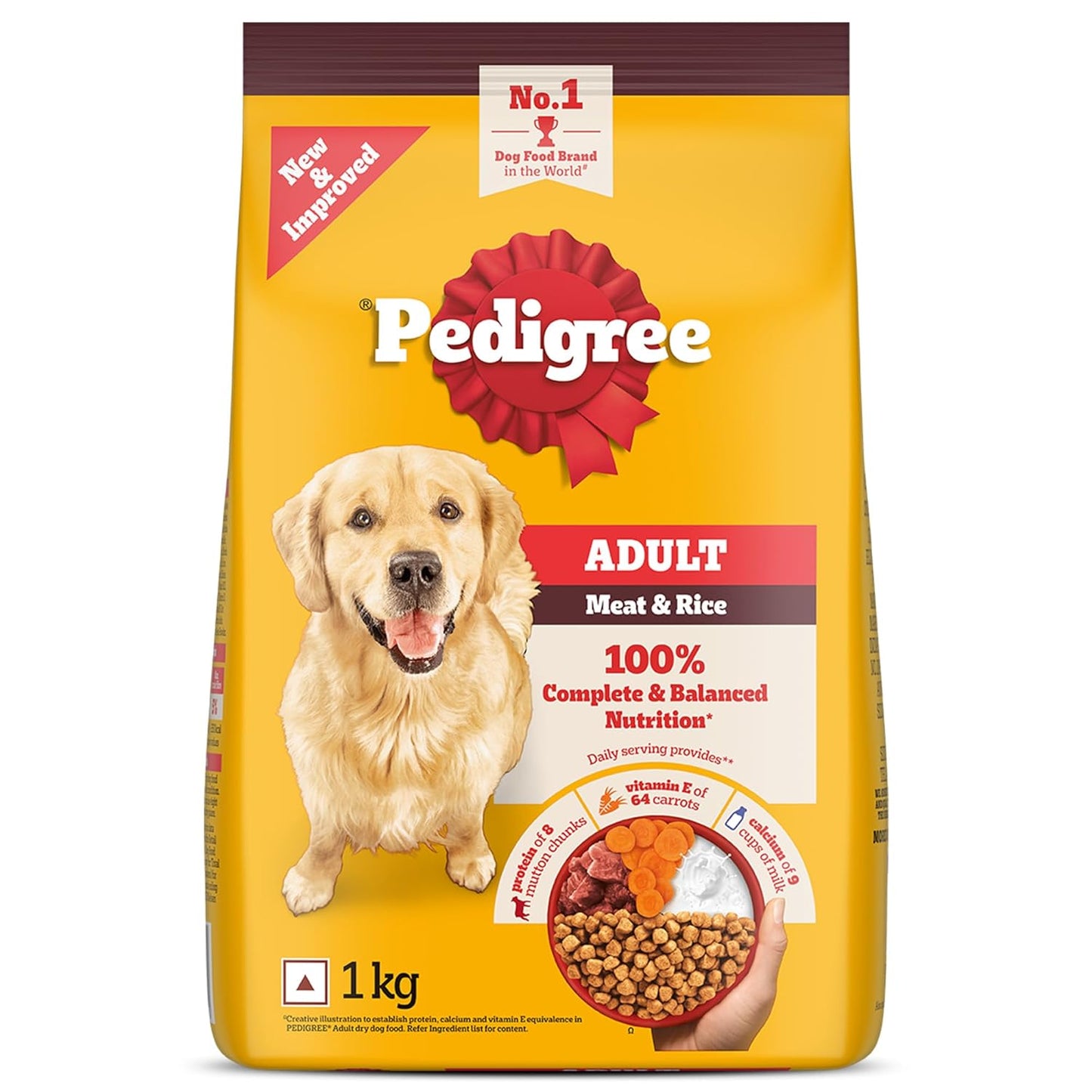 Pedigree Adult Dry Dog Food, Meat & Rice, 1 kg, Contains 37 Essential Nutrients, 100% Complete & Balanced Food for Adult Dogs