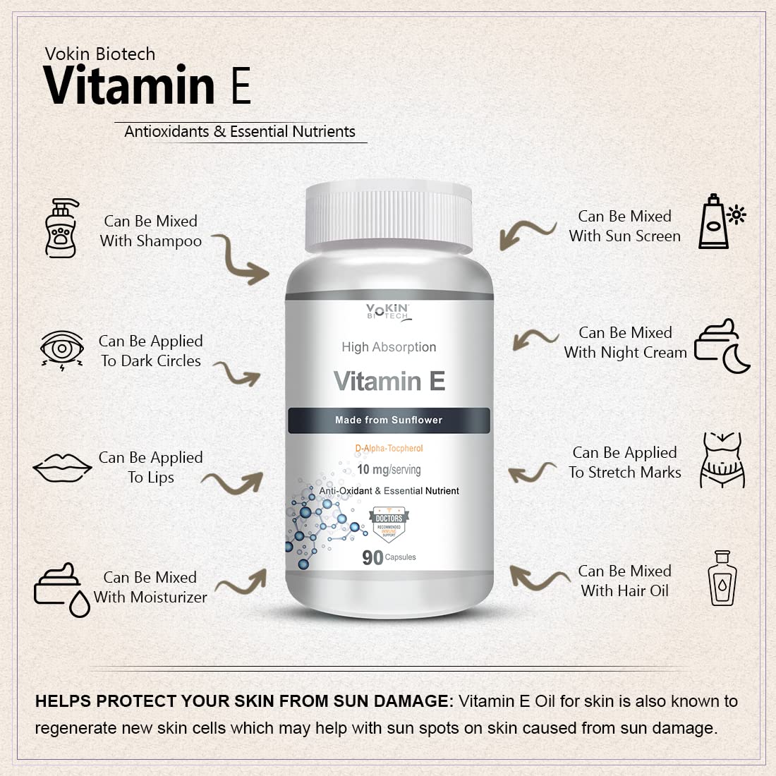 Vitamin E supplement bottle with usage instructions on a beige background