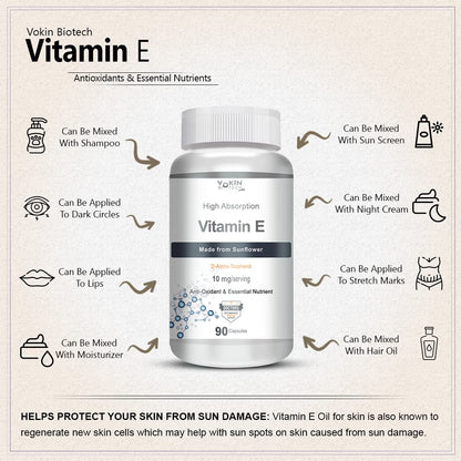 Vitamin E supplement bottle with usage instructions on a beige background