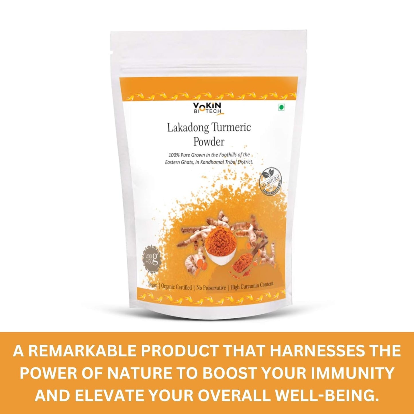 Lakadong Turmeric Powder package with text about its benefits on a white background